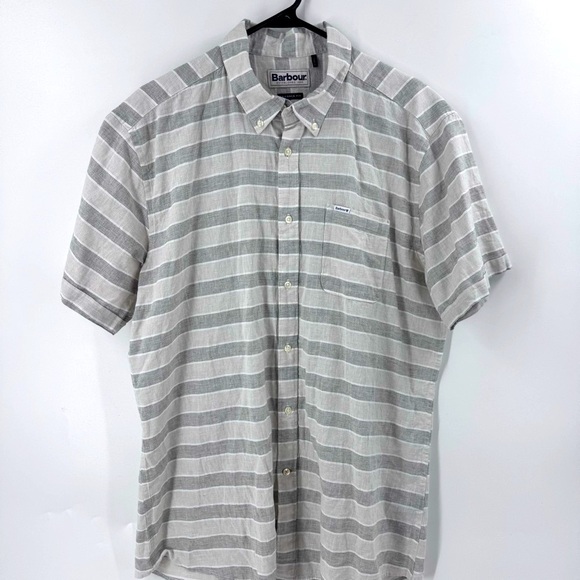 Barbour Linen Blend Gray Striped Casual Button Down Shirt - Picture 1 of 8